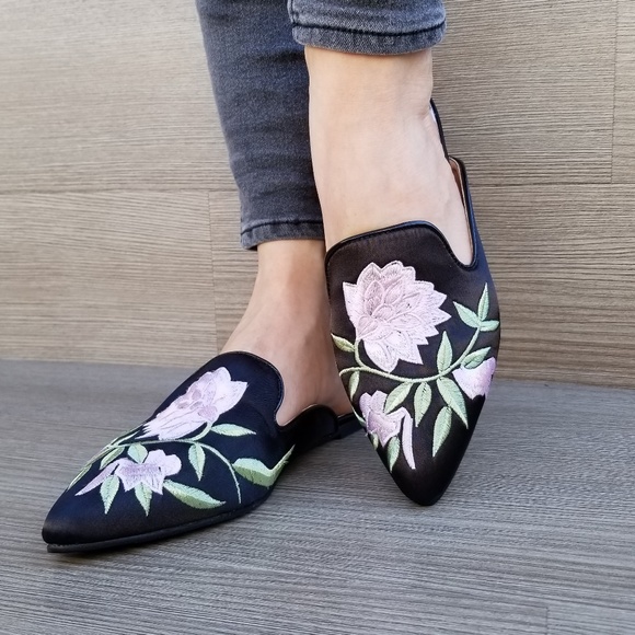 Embroider Flower on Black Satin Mule Loafer-D - Picture 2 of 8